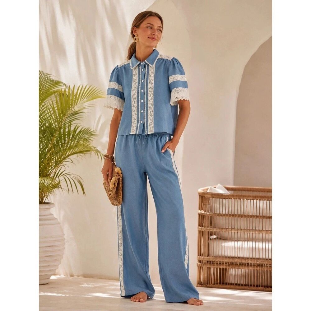 Caroline Constas Linen Pants Top Set S Lace Trim Euro Summer Resort Chic 2PC
